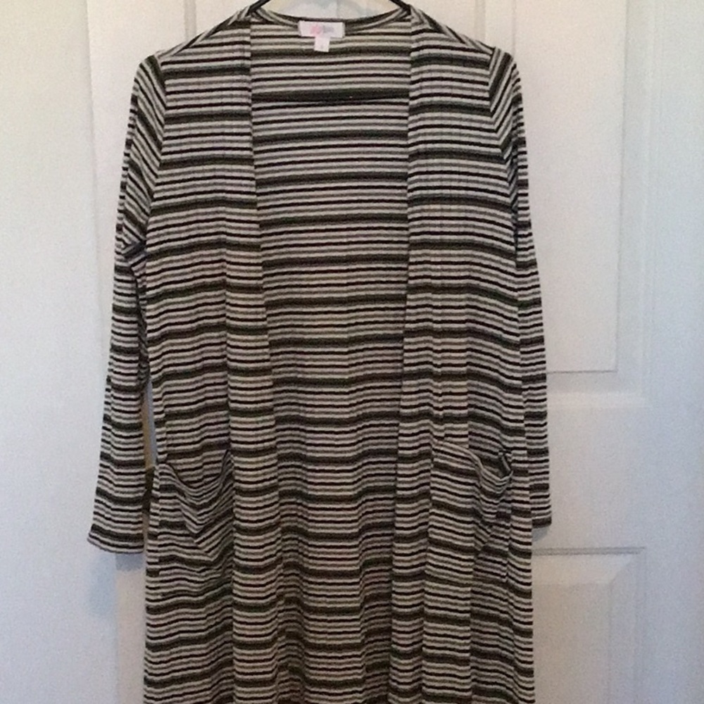 Lularoe Sarah Cardigan Duster in Black, white & Olive Green Stripe Size S